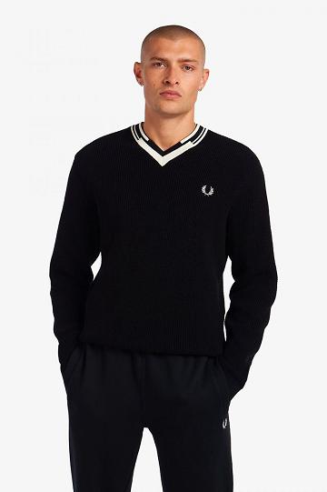 Dzianina Fred Perry Abstract Tipped V-Neck Jumper Męskie Czarne | PL 1276FDNM